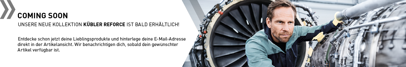 Kübler Reforce Workwear: Mechaniker in Arbeitskleidung am Flugzeugtriebwerk – neue Kollektion bald erhältlich